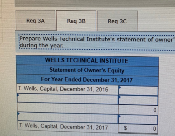 Req 3A Req 3B Req 3C Prepare Wells Technical Institutes statement of owner during the year WELLS TECHNICAL INSTITUTE Statement of Owners Equity For Year Ended December 31, 2017 T. Wells, Capital, December 31, 2016 T. Wells, Capital, December 31, 2017