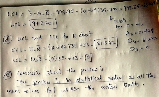 for n= 4, LCL = -Az = 999.25- (0.729)35.733 = 999.252 LCL = 1973,201) Note: @ uch and uch for R-chart A2=0.729 Du=2.282 och =