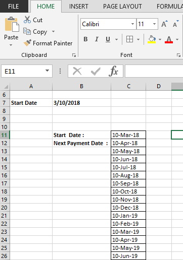 FILE HOME INSERT PAGE LAYOUT FORMULA Cut Calibri E Copy Paste B IU - Format Painter Clipboard Font E11 7 Start Date 3/10/2018