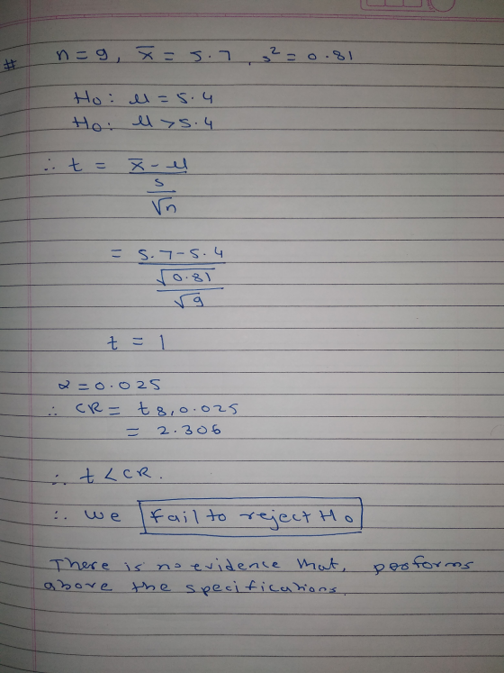 n=9, X= 5.7 ² = 0.81 Ho Ho: l=5.4 el s. 4 t = X- el = 5.7-5.4 0.81 rg t = 1 2=0.025 : CR = t 8,0.025 = 2.306 It LCR. we fail