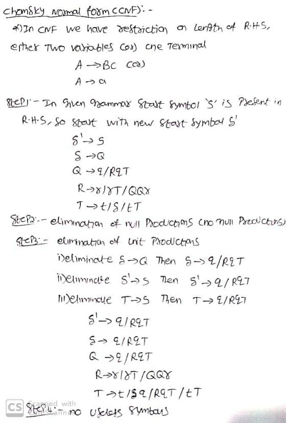 Chomsky normal form CONF): - *) In CNF We have Jestrictia on length of R.H.S, either Two variables cos) che Terminal ABC cod