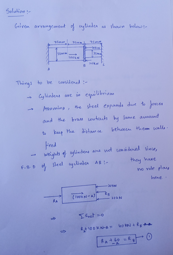 Solution :- Given arrangement of cylinder as shown below! 75mm Hmm -20kn 56mm 100kN Things to be considered :- - → Cylinders