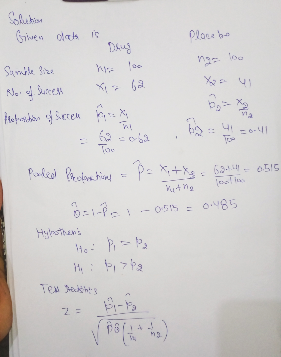 Solution Given date is Placebo loo Sample Size Drug ha loo 62 nar X2= 4 5o= x2 Noi Xir Success of na Proportion of success fo