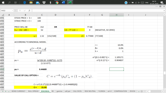 v a ax 2 ENG - 04:19 07-05-2020 H432 X ✓ fx F G 415 416 417 STOCK PRICE = S = STRIKE PRICE = E = 100 100 418 152 OR PRICE WIL