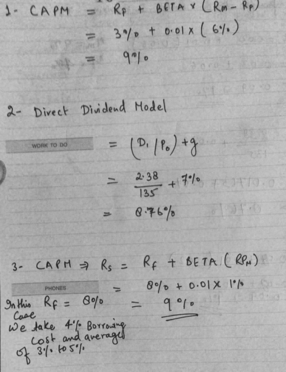I. CAPM = = = Rp + BETA & CRM - Rp). 3% + 0.01x (67) 99) 2- Direct Dividend Model WORK TO DO = 10. (10)+g - 2.387% 73 +7707 8