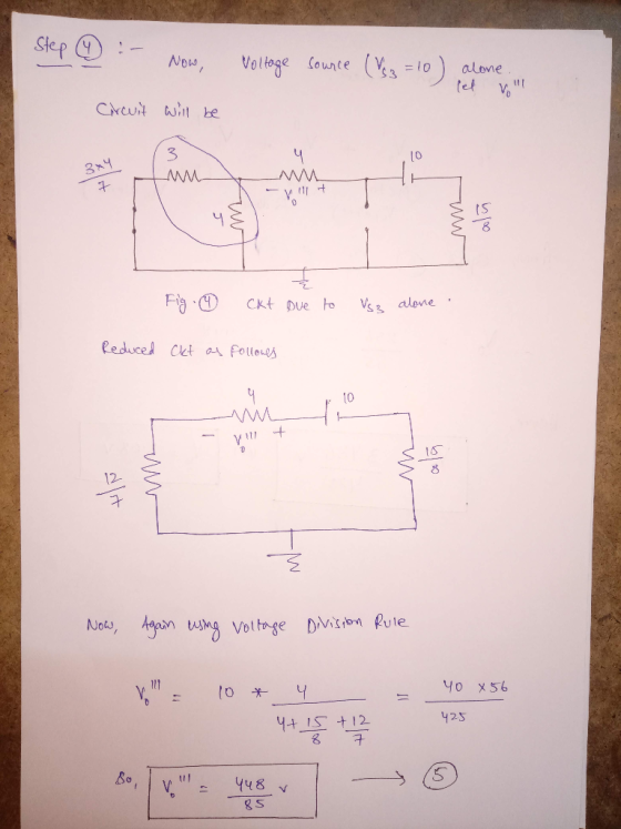 Step 4 - Now, Voltage source (V3 =10) alone... Circuit will be 3x4 (3 . W 7 Nu + w alin Fig. ckt Due to Vss alone Reduced Okt