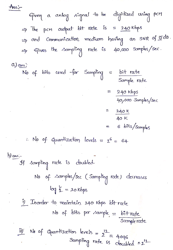 Ansi- Теги . Given a anlog signal to be digitized using PCM → The pcm ocetpeet bit rate is = 240 kbps → and Communication med