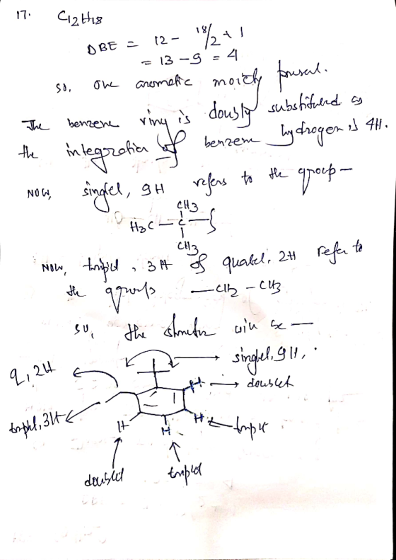 110 2 E3 The the Now OBE = 12 - 19241 = 13-g=4 so, one arometic moicly presal. benzene ring is dously substituted as integra