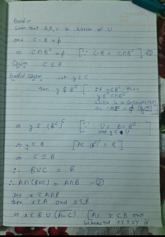 Subsets of u and Proof Given that A, B, C be. C-B = 6 cn B c = 0 Claim CCB [ C-B = CAB then त y E CABC fool of Claim Let y Ec