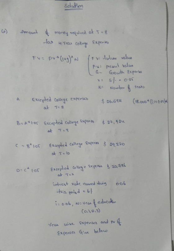 solution (a) Amount of money required at T = 8 four 4 year college expenses Fu= PVA(149) N ftv future value P.V present value