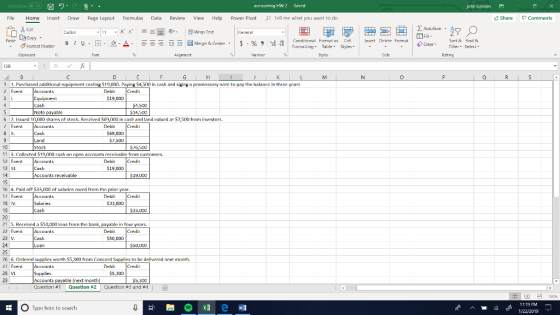 圜り acro inting HW2 Saurd john sullivan File Home Insert Draw Page Layout Formulas Data Review View Help power pivot P Tell me what you want to d Share Comments Cut $ . % , il, rcorriatliny. Table. Styles . Corditional Format as Cell Insert Drletr Fomat Sort & Find Filler Selecl & Center Clear , ヴFormat Painter Blu,田 Aignmart 138 0 1 1. Purchased additional equipment costing $19,000. Paying S4,500 in cash and sig ng ה promossory nnte to pay the balance in three yMrs Event Accnts Debit $19,000 Cash Note payable 4,500 6 2. Issuod 10,000 shares ofstock. Recaived $69,000 in cash and land valued at $7,500 from investors. Accnts Event 8 1. Debit 569,000 76,500 11 3. Collerted $19,000 cash on apen acrounts reccivahle from castomers. Event Accnts 13I1 14 15 16 4. Paid off $33,000 of salarics owed fram the prior year 1 Evenit Debit $19,000 Accounts receivable 19,000 Event Accnts 18 IV 19 Debit $33,000 Salaries Cash 33,000 21 5. Reccived a S50,000 loan from the bank, payable in four years. 22 Evenit 23 V Debit 550,000 S0,000 26. Ordered supplics worth $5,300 from Conrord Supplics to be delivered next month. Evenit 28 VI Debit Accounts payable (next month) Question #1 Question #2 Question #3 and #4 11:19 PM O Type here to search