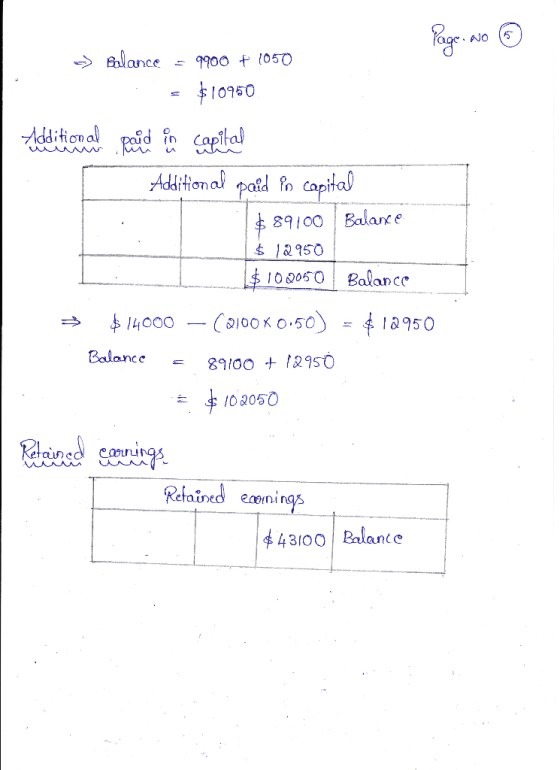 » Balance 9900 + 1050 $10950 Addition al pid Capital Adition al paid Pn capital Balan e $ 89100 $ 12950 $ 10 2050 Balance Ca1