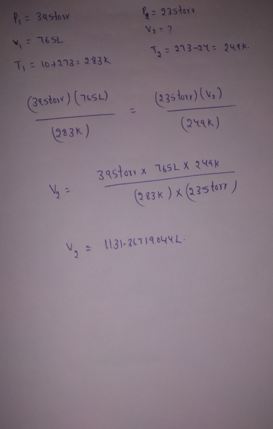 P = zastov Pg = 23story V₂ = ? To = 273-24 = 249k. v = 7652 Ti = 10+273=2836 (39stor) (7652) (235 torr) (V₂) (249K) (283K) 39