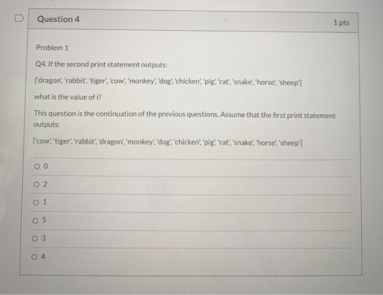 Question 4 1 pts Problem 1 Q4. If the second print statement outputs: [dragon, rabbit, tiger, cow, monkey, dog chic