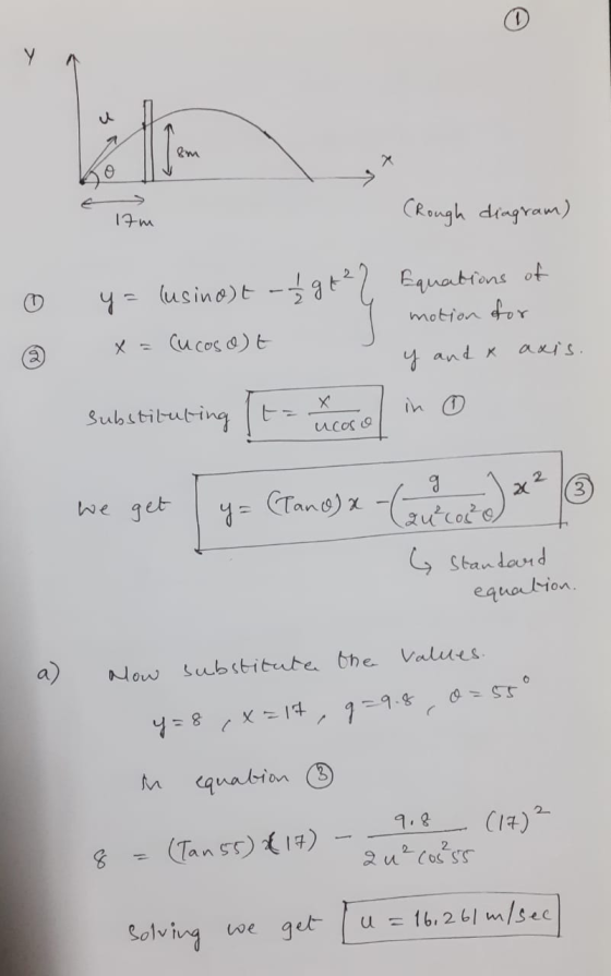 - 17m (Rough diagram) o @ y = lusino) t-1 g +22 Equations of x= Cucoso) t motion for y and & axis. substituting It= 4 cool in