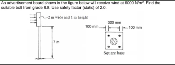 An advertisement board shown in the figure below will receive wind at 6000 N/m2. Find the suitable bolt from grade 8.8. Use s