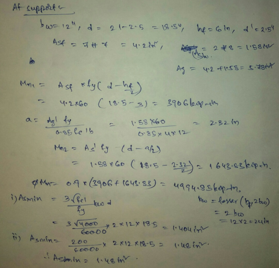 At support & bw- 12th, a= 2 102.5 = 18.50, Asf = 7#7 = 4.zin, A he= 6in, de2154 = 2 #8 = 1.58in Ag = 4.2 fless=5.78 Mane - A