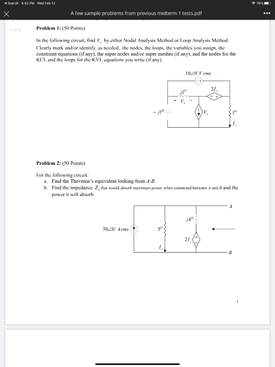 Search 4:52 PM Wed Feb 12 78% A few sample problems from previous midterm 1 tests.pdf 1 of 4 Problem 1: (50 Points) In the fo