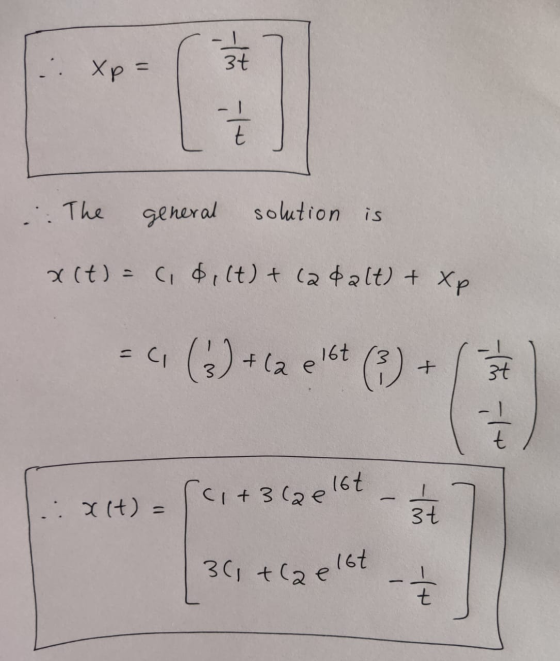 Xp= 3t in ito t .: The general solution is a(t) = (1 $.lt) + ca dalt) + Xp =ci (3) + (a elst (3) t 3t t (1+3lze 16t (t) = 3t
