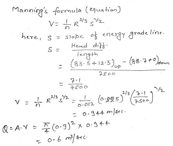 Mannings formula (equation) - v= I R2/3 5/2 here, S = slope of energy gradelines Head dift. length - (83.5+12:3)..- (88.770
