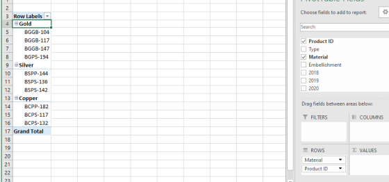 Choose fields to add to report: Search 2 3 Row Labels 4 eGold 5 BGGB-104 6 BGGB-117 7 BGGB-147 8 BGPS-194 esilver 10 BSPP-144