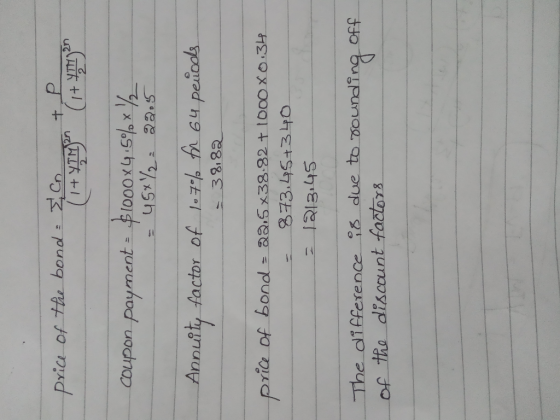 price of the bond - I Cn (14YTM2n + YTTY) 20 coupon payment = $1000x4.5%x%% = 45x%2: 22.5 Annuity factor of 107% for 64 penod