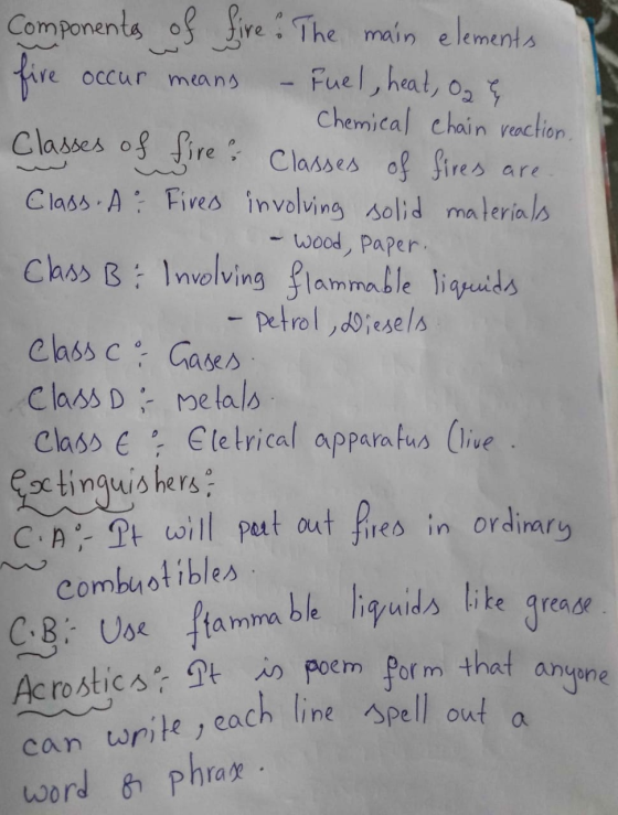Componentes of fire. The main elements five occur means - Fuel, heat, 02 - Chemical chain reaction. Classes of fire: Classes