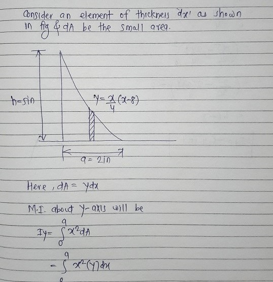 in fig & da Consider an element of thickness dy as shown & A be the small area. besin y = 4(2-8) 4 9= 210 Here, dA= ydx M.I.