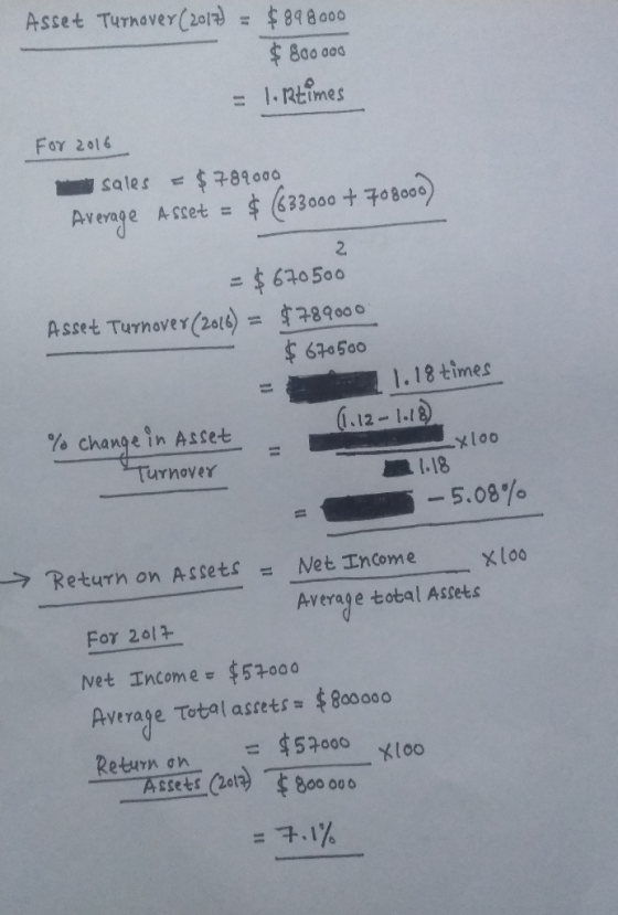 Asset Turnover (2017) = $898000 $ 800006 = 1. Rtimes For 2016 sales = $789000 Average Asset = $ (633000 + 708000) = $670500 A