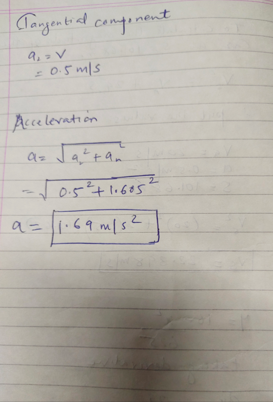 Tangential component = 0.5 mls Acceleration az Jaetan - 10.5²+ lobos ² a = 11:69 m/s2