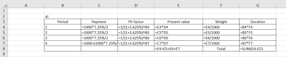 B C D E F G -Nm 7 Period Payment PV factor =1000*7.25%/2 =1/(1+3.625%)^B4 =1000*7.25%/2 =1/(1+3.625%)^B5 =1000*7.25%/2 =1/(1+