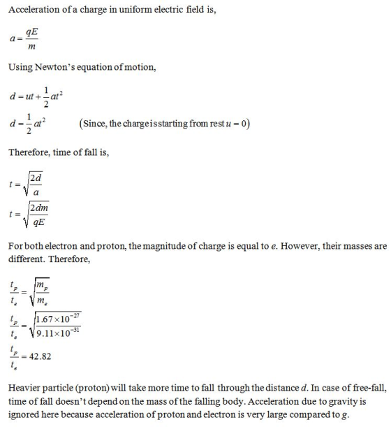 Acceleration of a charge in uniform electric field is qE Using Newtons equation of motion, Since, the chargeisstarting from restu - O0 Therefore, time of fall is, 2d 2dm For both electron and proton, the magnitude of charge is equal to e. However, their masses are different. Therefore, p 1.67 x10-27 ¥9.11×10-31 = 42.82 Heavier particle (proton) will take more time to fall through the distance d. In case of free-fall, time of fall doesnt depend on the mass of the falling body. Acceleration due to gravity is ignored here because acceleration of proton and electron is very large compared tog