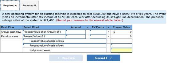 Required A Required B A new operating system for an existing machine is expected to cost $760,000 and have a useful life of s