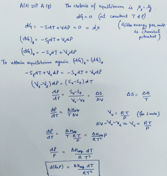 Ale) ☆ A cg) The creferia of equilibrium is Mall dG = 0 (at constant T&P) dG = -S&T +Vap = 0 = du (Gibbs energy per mole is c