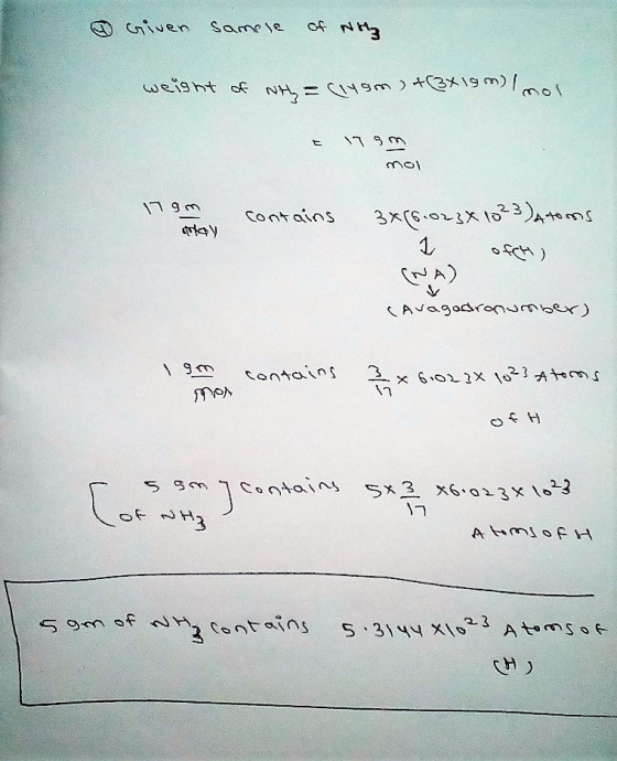 Giver samese of NH₃ weight of th= (lygm, +(3x19m) Imol 1990 mol 18 contains 3x(6.023x 1023) Atoms day 1 ofCH ) Cavagadronumbe