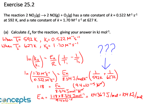 Exercise 25.2 The reaction 2 NO2(g) ? 2 NO(g) + O2(g) has a rate constant of k= 0.522 M-1 s-1 at 592 K, and a rate constant of k = 1.70 M-1 s-1 at 627 K. (a) Calculate Ea for the reaction, giving your answer in kJ mol-1. mal