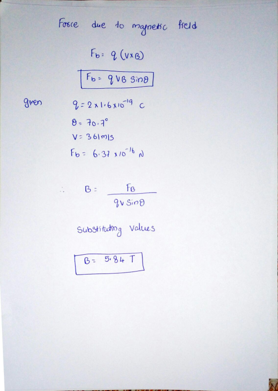 fosce due to manetc freld 8-70.7。 V 3 61mls 8: fe เก Substituhn Values 0 5 84 T