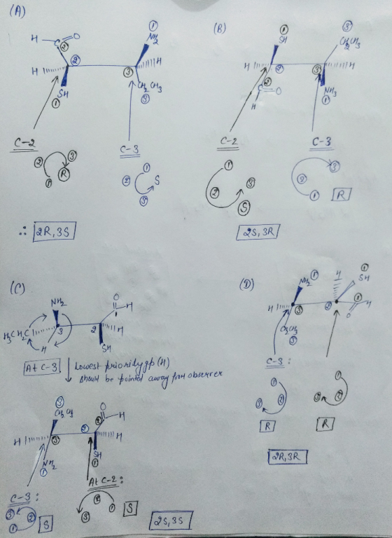 (A) (8) H H I NH SH H C-2 C-3 C-2 C-3 RI .R,3S 2s, 3R SH (D) (c) ILrH K3 S1 C-3 prionilyh n) At c-31 Louwest Bhoud be away fa