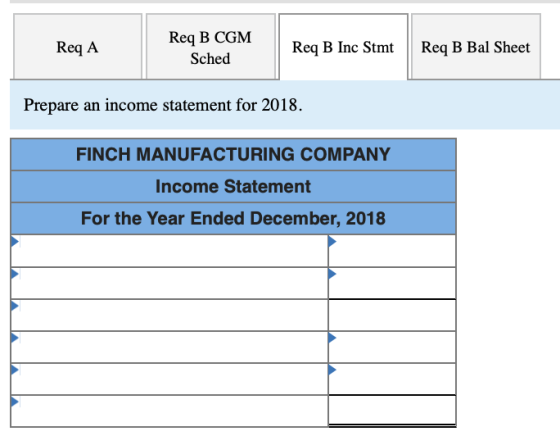 Req B CGNM Sched Req B Inc StmtReg B Bal Sheoet Req A Prepare an income statement for 2018. FINCH MANUFACTURING COMPANY Incom