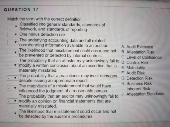 QUESTION 17 Match the term with the correct definition Classified into general standards, standards of fieldwork, and standar