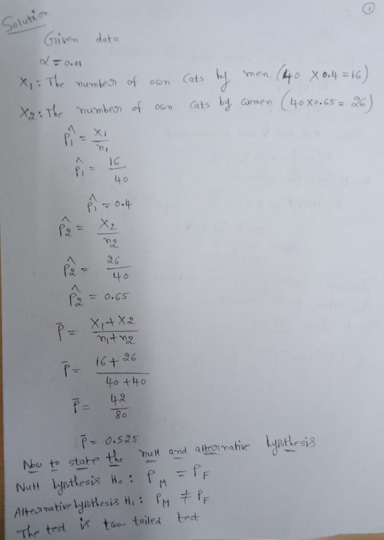 Solution Given data 2 = 0.01 X,: The number of own Cats by men (40 X 0.4=16) Xg: The number of own cats by women (40X0.65= 26