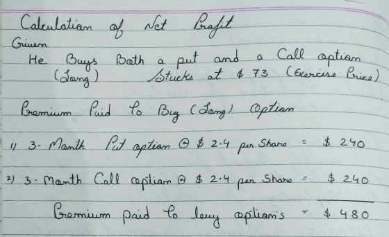 Calculation of Net Profit Grinen He Buys Bath a put and a Call option Stucks at $ 73 (Exercise Price) Premium Paid To Buy (La
