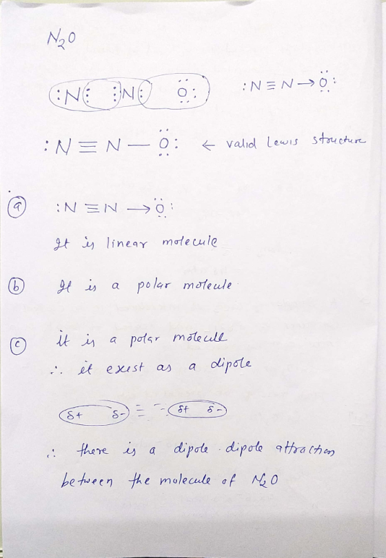 N20 N N-0 BNE ENE stoucture valid Lewis N N o: 9t iy lineaY motecule polar moteule b it in a potls mateull a dipate et exust