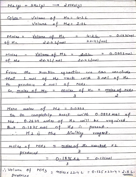 Naig) + 3H2(g) → 2NH3lg) Gives - ھ صململ شرط با 2 Volume of Na= 2.0L 42L 0.1% Smol Moles: of H₂ Volume of_Hz 22.4 L/mol 2204