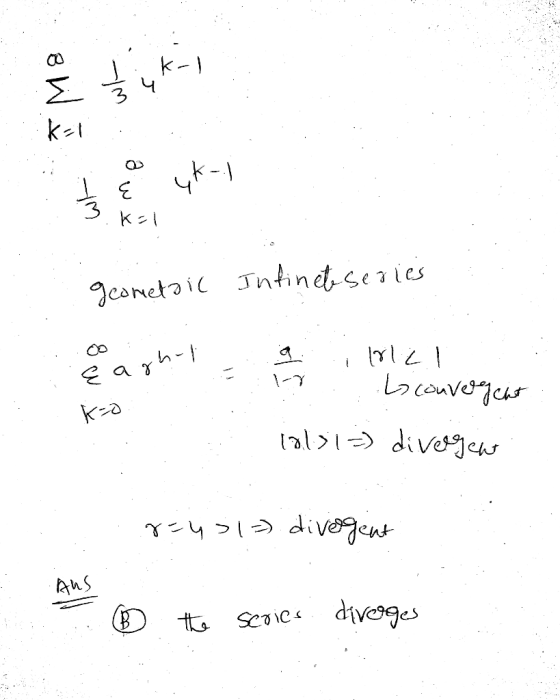 انی Σ k=1 yk-/ ह kal geometail Infined series {agh- 18121 Lo convergent 181>1=) divergent ko 8=431) divergent AUS the Scoics.