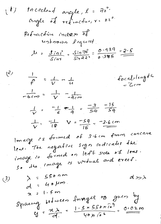 lit? angle, l = 4² in coelend angle of refraction, 82 22² Refractice index of unknown loqued. le sini : ط.ک < . sin 70 Siin 2