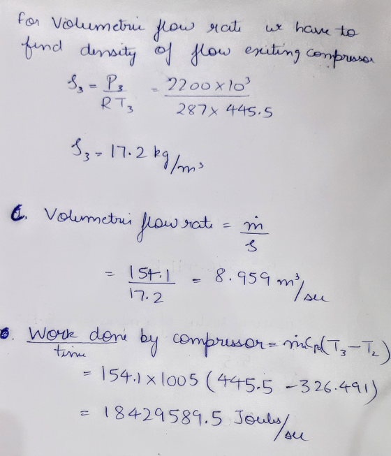 for Volumetrii flow rate we have to find density of flow exiting compressor S,- Ps 2200x10 2874 445.5 S₂ - 17.2 kg/m3 & Volum