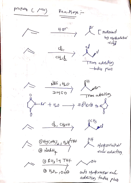 . propers (A) Reactions propone C Reactions - - H-Br [ Followed by Morkovkika rulet Chich Trang addition takes place NBS , HO