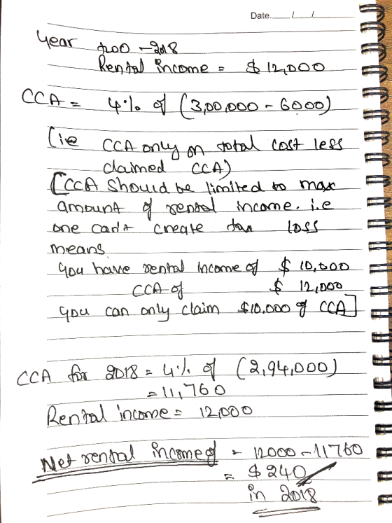 Date.—L L lear hoo 2018 - Rental income = $12,000 I CCA = 4% of (3,00.000 - 6000) @ CCA only on total cost less o claimed CCA