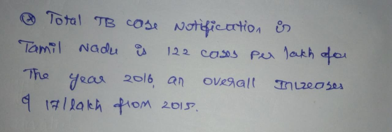 Total TB case Notification is Tamil Nadu is 122 casos per lakh of a The year 2016, an overall increases 9 171 lakh from 2015.